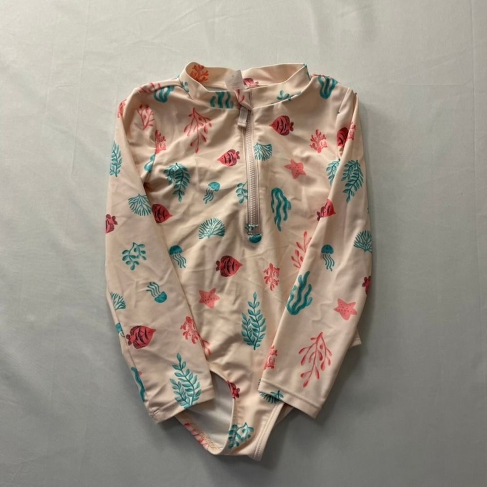 Carters Girls 5T Long Sleeve Rash Guard One Piece Swimsuit Pink Fish